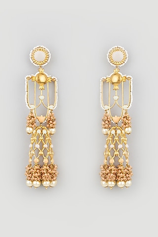 Gold Finish Peach Stone Jhumka Earrings by Mine of Design