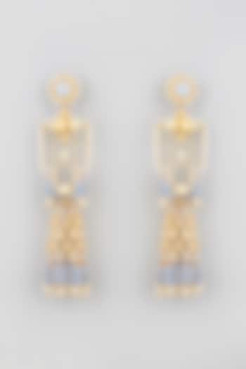 Gold Finish Powder Blue Stone Jhumka Earrings by Mine of Design