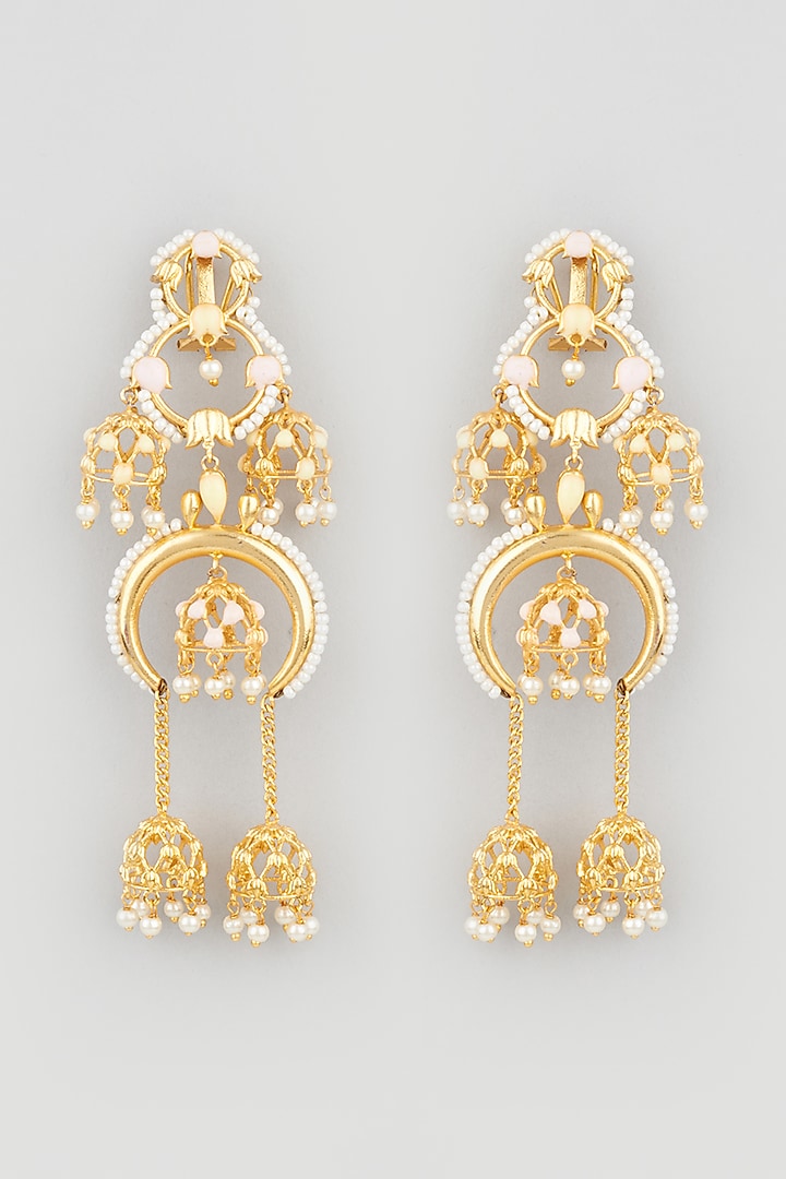 Gold Finish White Pearl Jhumka Earrings by Mine of Design at Pernia's Pop Up Shop