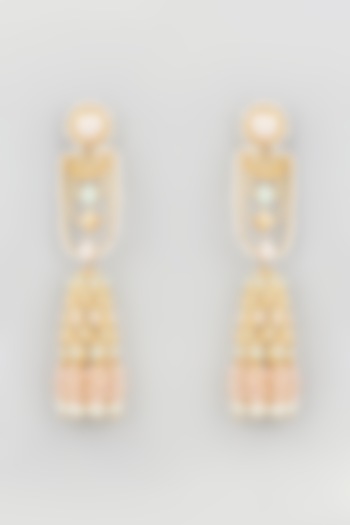 Gold Finish Peach Stones & Pearl Jhumka Earrings by Mine of Design at Pernia's Pop Up Shop