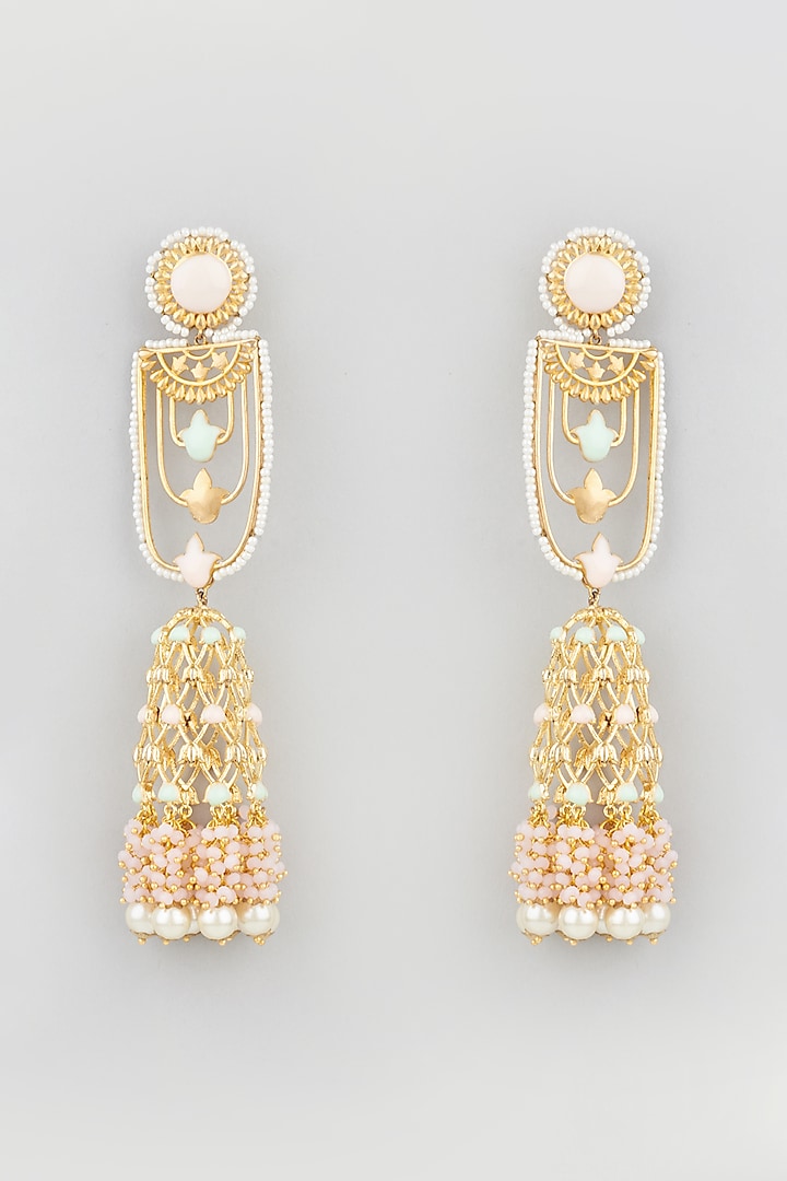 Gold Finish Peach Stones & Pearl Jhumka Earrings by Mine of Design at Pernia's Pop Up Shop