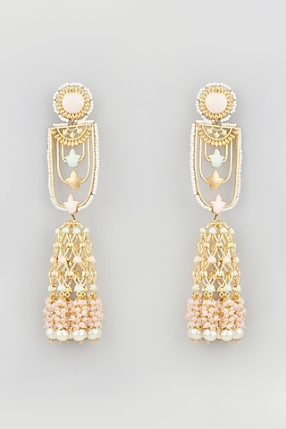 Gold Finish Peach Stones & Pearl Jhumka Earrings by Mine of Design