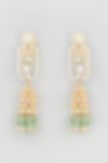 Gold Finish Green Stones & Pearl Jhumka Earrings by Mine of Design