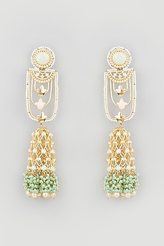 Gold Finish Green Stones & Pearl Jhumka Earrings by Mine of Design