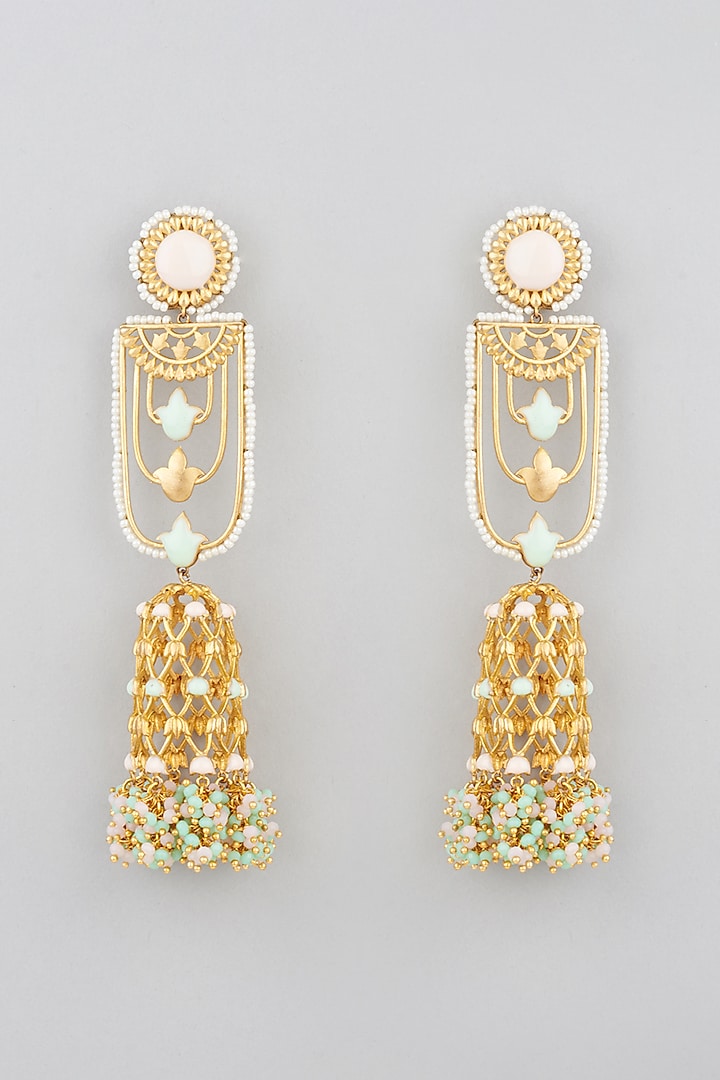 Gold Finish Powder Blue Stones Jhumka Earrings by Mine of Design