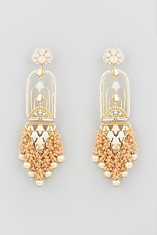 Gold Finish Peach Synthetic Stone Dangler Earrings by Mine of Design