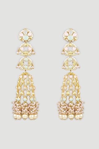 Gold Finish Peach Stone Jhumka Earrings by Mine of Design