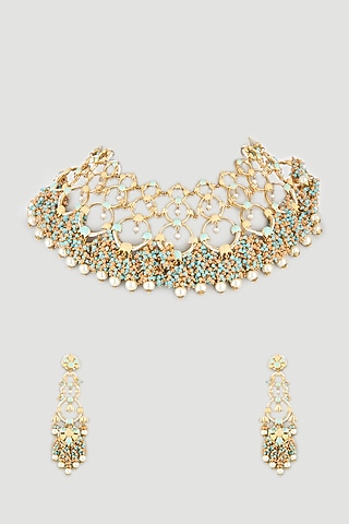 Gold Finish Handcrafted Peach Synthetic Stone Necklace Set by Mine of Design