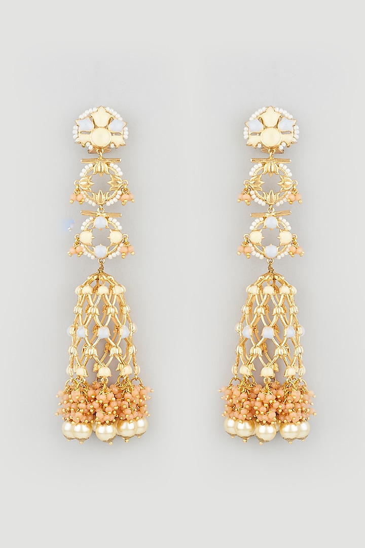 Gold Finish Pearl & Sapphire Stone Jhumka Earrings by Mine of Design
