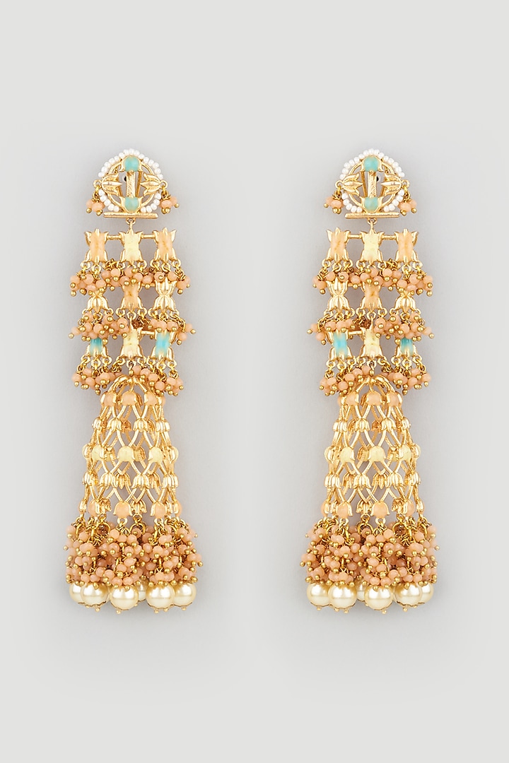 Gold Finish Handcrafted Jhumka Earrings With Synthetic Stones by Mine of Design