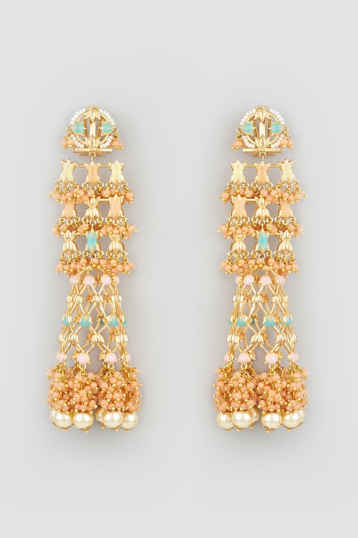 Gold Finish Pearl Floral Jhumka Earrings by Mine of Design