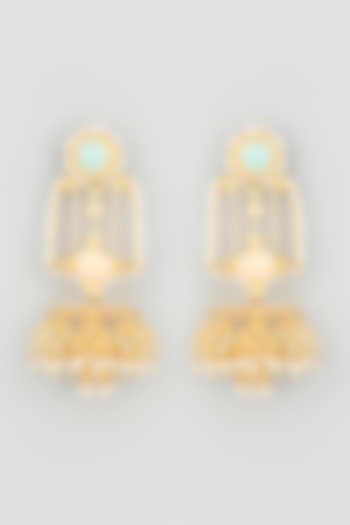 Gold Finish Floral Jhumka Earrings With Stones & Pearls by Mine of Design