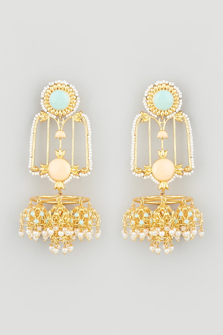 Gold Finish Floral Jhumka Earrings With Stones & Pearls by Mine of Design