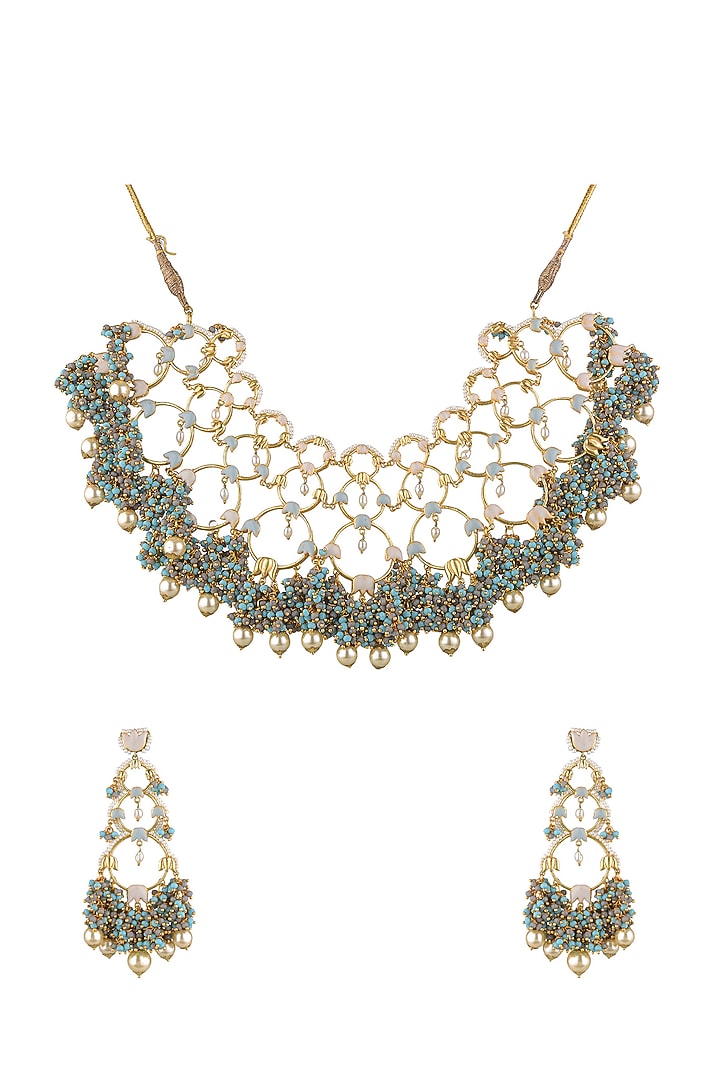 Gold Finish Pearl Floral Necklace Set by Mine of Design at Pernia's Pop Up Shop
