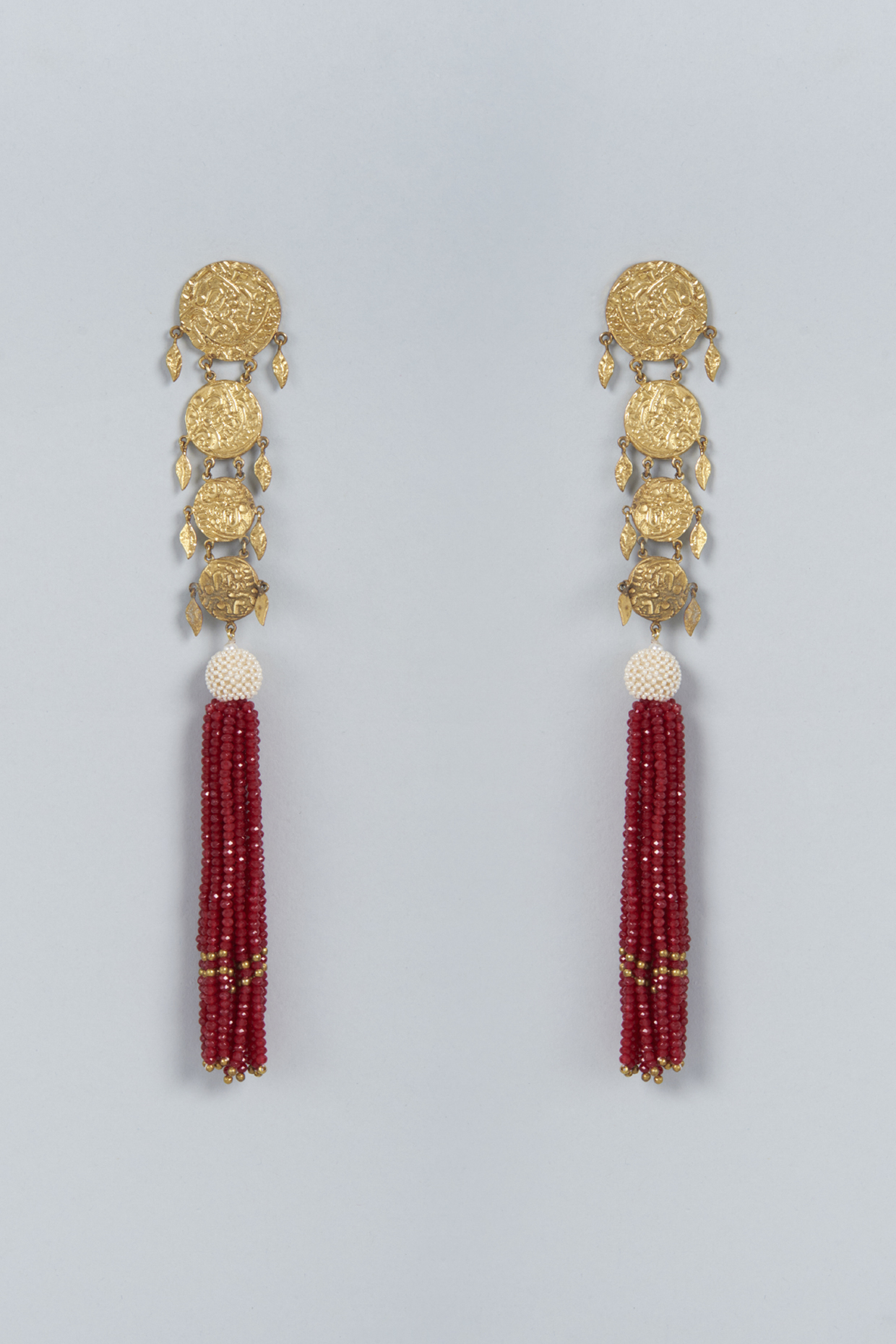 Gold Finish Ruby Crystal Earrings by Mine Of Design at Pernia's Pop Up Shop