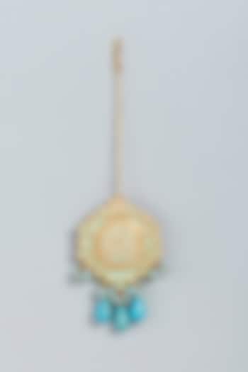 Gold Finish Maang Tikka With Turquoise Stones by Mine Of Design