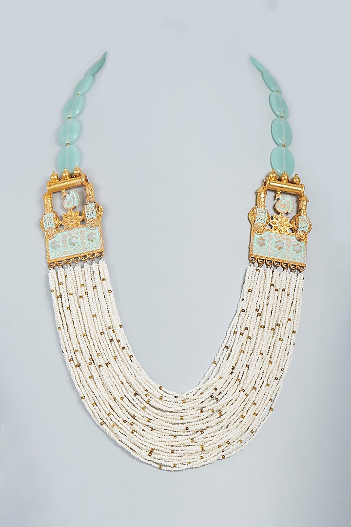 Gold Finish Necklace With Aquamarine Stones by Mine Of Design
