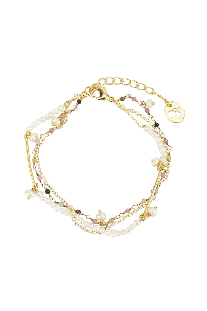 Gold Plated Multi-Colored Tourmaline Stone & Freshwater Pearl Handcrafted Bracelet by Mine Of Design at Pernia's Pop Up Shop