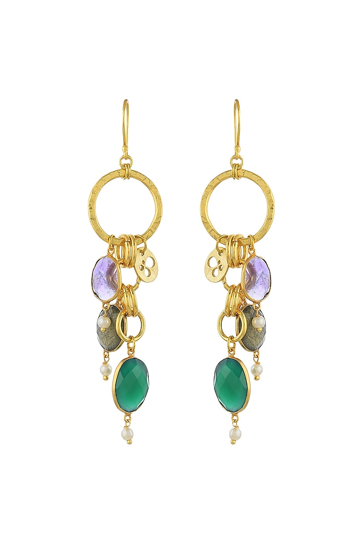 Gold Plated Green Onyx & Amethyst Stone Chain Earrings by Mine Of Design at Pernia's Pop Up Shop