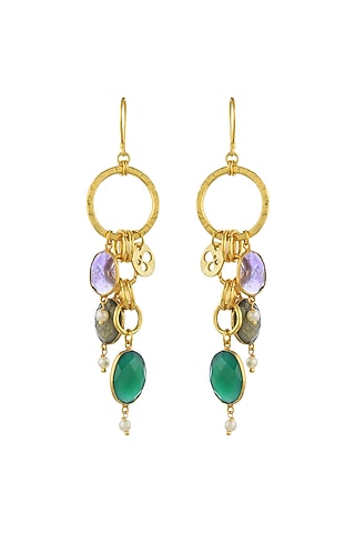 Gold Plated Green Onyx & Amethyst Stone Chain Earrings by Mine Of Design
