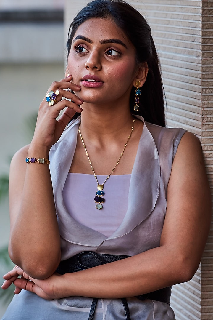 Gold Plated Fluorite & Amethyst Stone Dangler Earrings by Mine Of Design at Pernia's Pop Up Shop