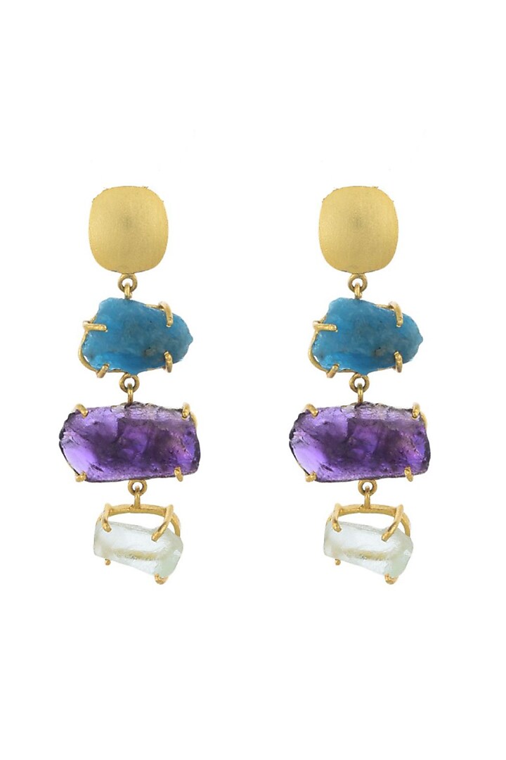 Gold Plated Fluorite & Amethyst Stone Dangler Earrings by Mine Of Design at Pernia's Pop Up Shop