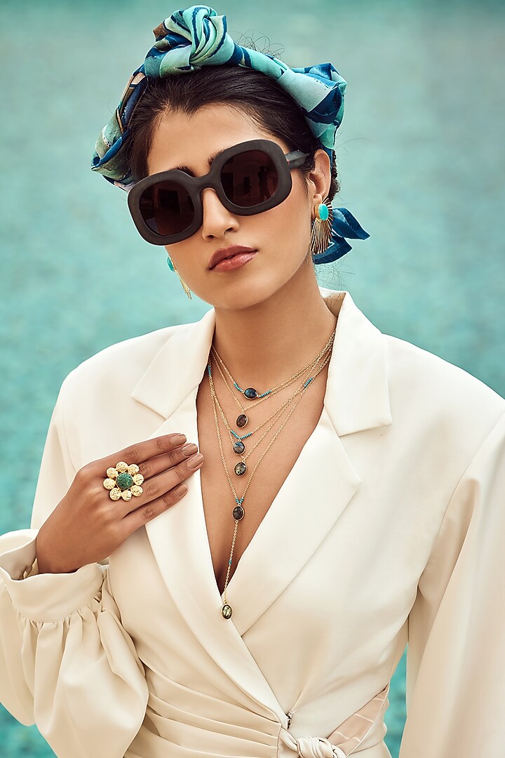 Gold Plated Turquoise & Grey Labradorite Stone Necklace by Mine Of Design at Pernia's Pop Up Shop