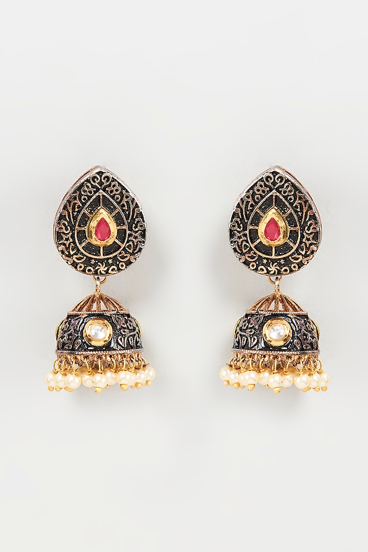 Gold Finish Pearl Enamelled Dangler Earrings by Mine of Design