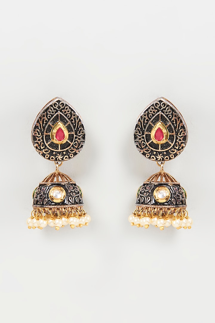 Gold Finish Pearl Enamelled Dangler Earrings by Mine of Design at Pernia's Pop Up Shop