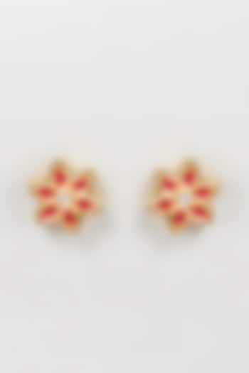 Gold Finish Red Stone Floral Stud Earrings by Mine of Design
