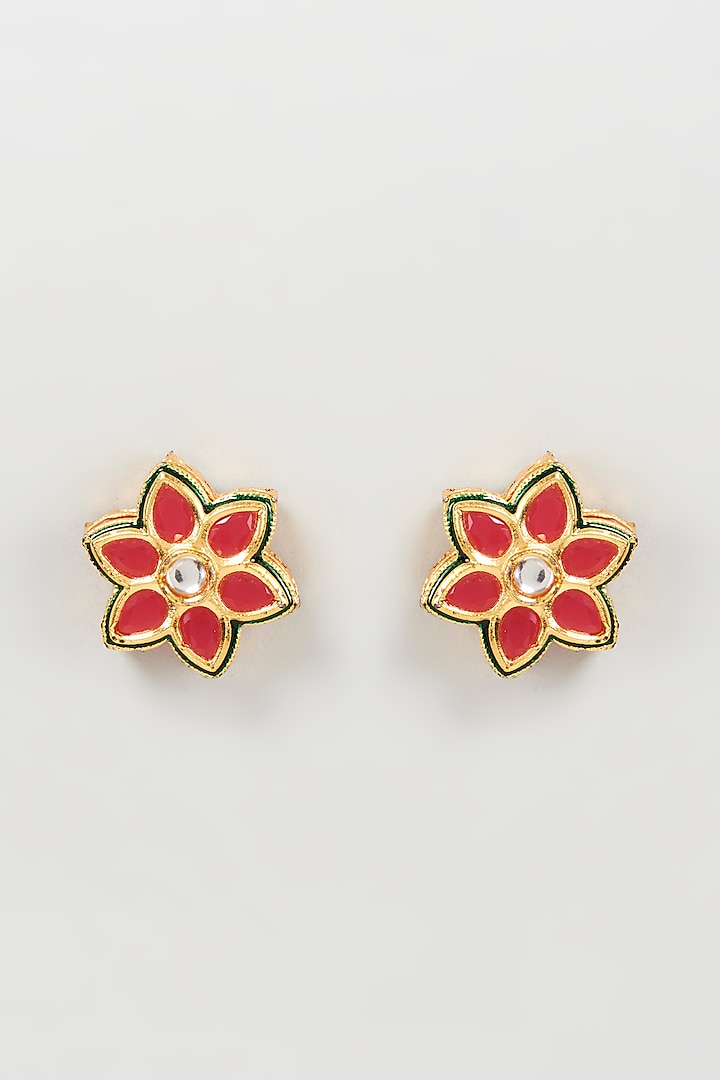 Gold Finish Red Stone Floral Stud Earrings by Mine of Design