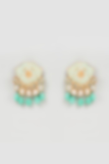 Gold Finish Kundan Polki & Jade Drop Meenakari Dangler Earrings by Mine of Design