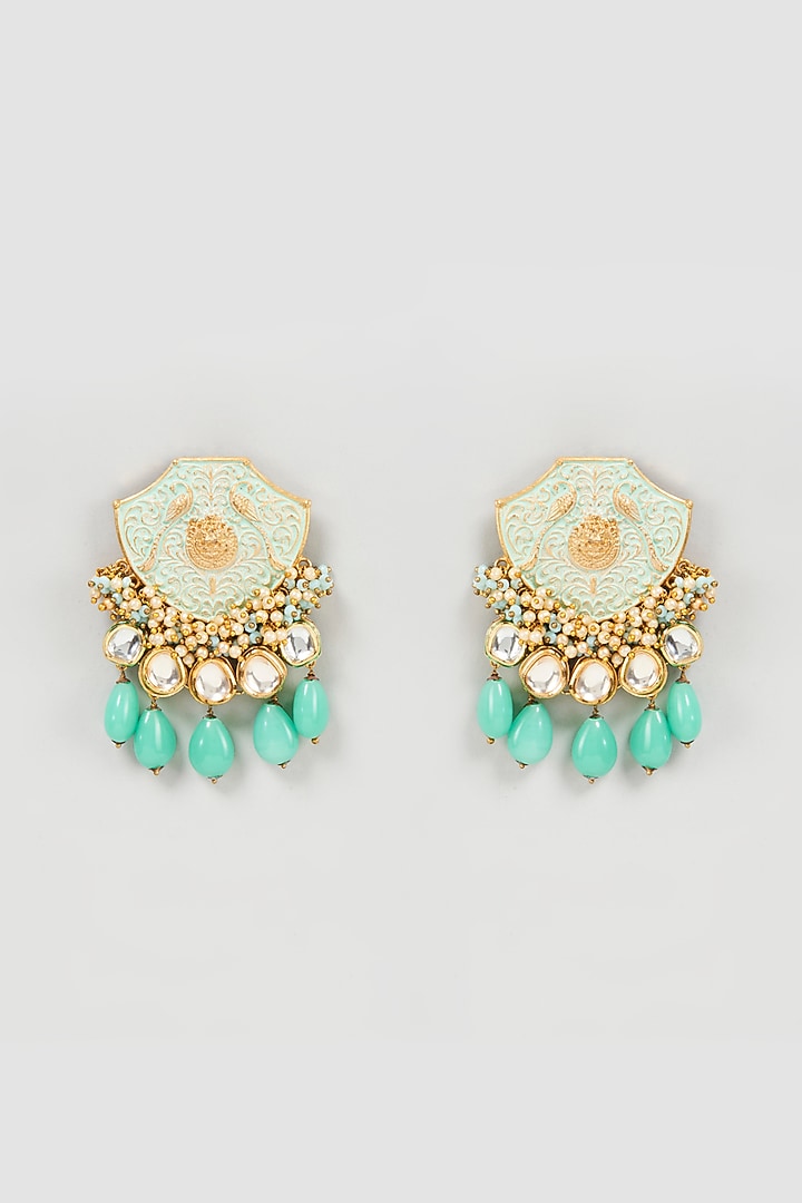 Gold Finish Kundan Polki & Jade Drop Meenakari Dangler Earrings by Mine of Design at Pernia's Pop Up Shop