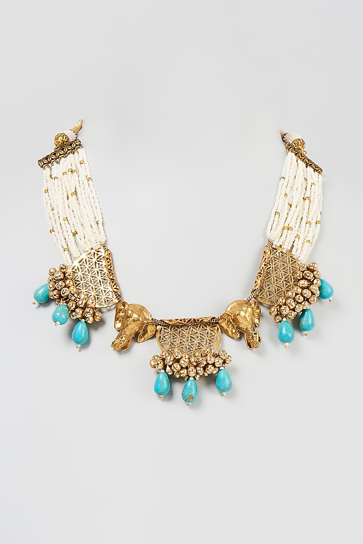 Gold Finish Pearl & Turquoise Stone Handcrafted Necklace by Mine of Design