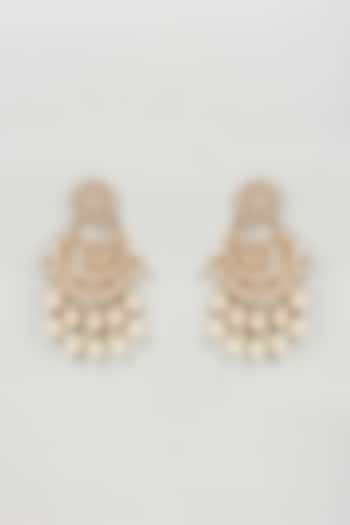 Gold Finish Kundan Polki & Pearl Chandbali Earrings by Mine of Design