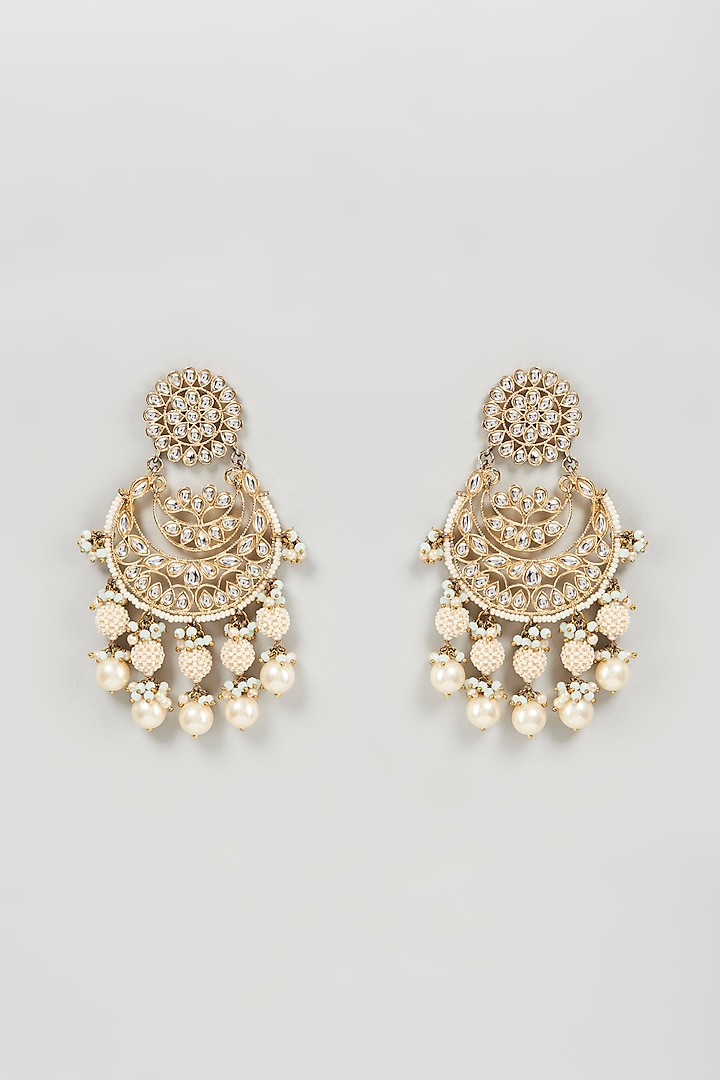 Gold Finish Kundan Polki & Pearl Chandbali Earrings by Mine of Design