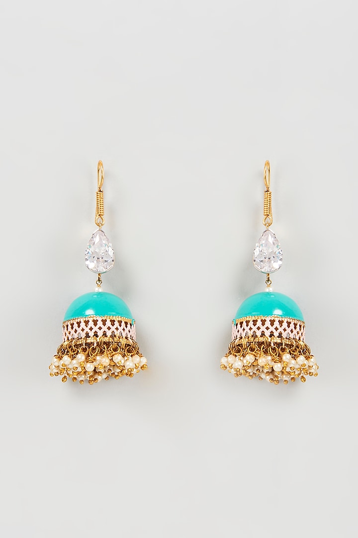 Gold Finish Pearl Meenakari Jhumka Earrings by Mine of Design