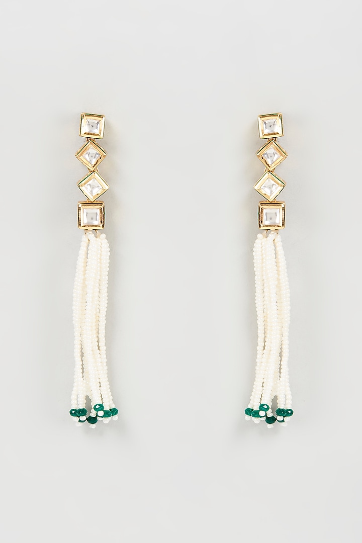 Gold Finish Kundan Polki & Pearl Dangler Earrings by Mine of Design