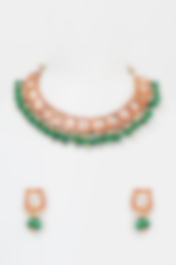 Gold Finish Kundan Polki & Jade Stone Drop Necklace Set by Mine of Design