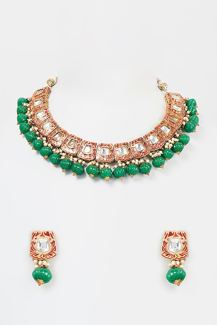 Gold Finish Kundan Polki & Jade Stone Drop Necklace Set by Mine of Design