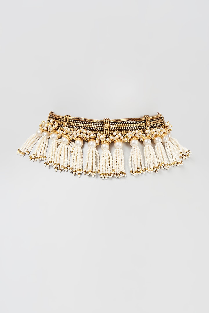 Gold Finish Pearl Tassel Choker Necklace by Mine of Design