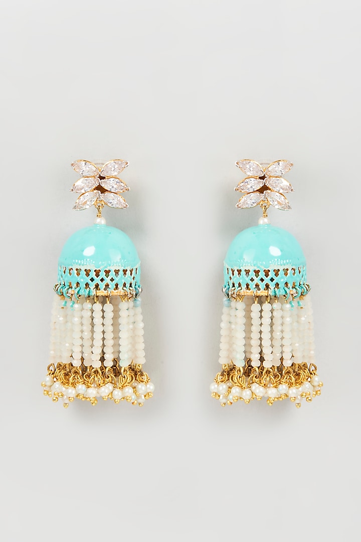 Gold Finish Beaded & Crystal Enamelled Jhumka Earrings by Mine of Design