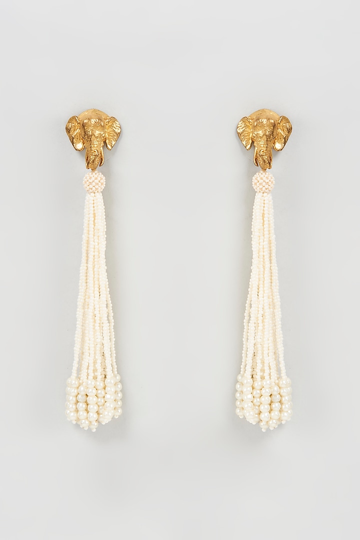 Gold Finish Pearl Tassel Dangler Earrings by Mine of Design