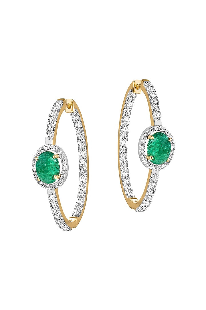 14kt Gold Finish Diamond & Emerald Stone Hoop Earrings by Mohar Fine Jewellery at Pernia's Pop Up Shop