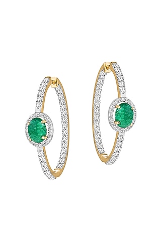 14kt Gold Finish Diamond & Emerald Stone Hoop Earrings by Mohar Fine Jewellery