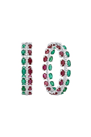 14kt Gold Finish Diamond & Emerald Stone Hoop Earrings by Mohar Fine Jewellery