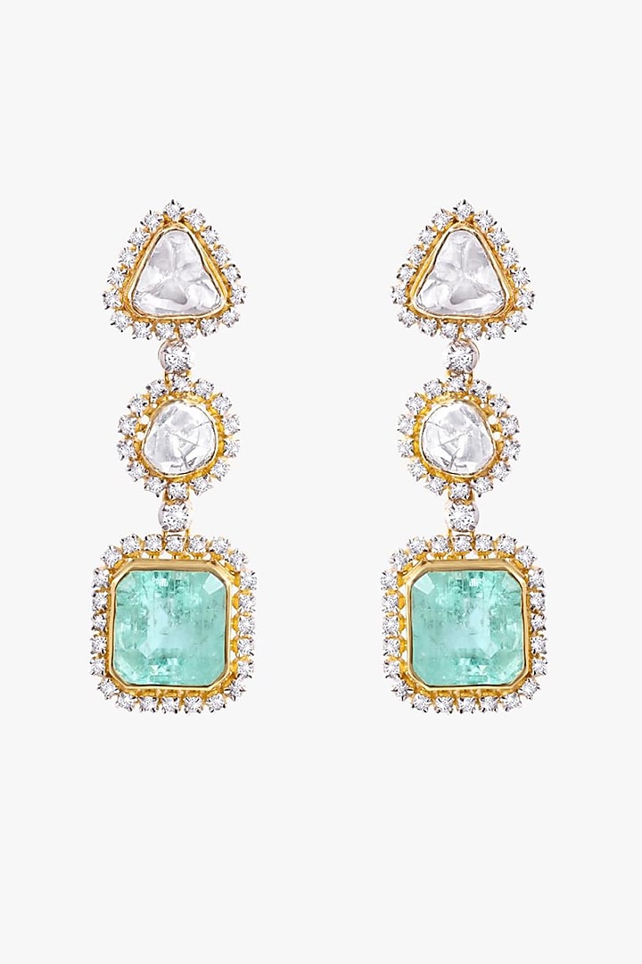 18kt Gold Finish Diamond & Emerald Stone Dangler Earrings by Mohar Fine Jewellery at Pernia's Pop Up Shop