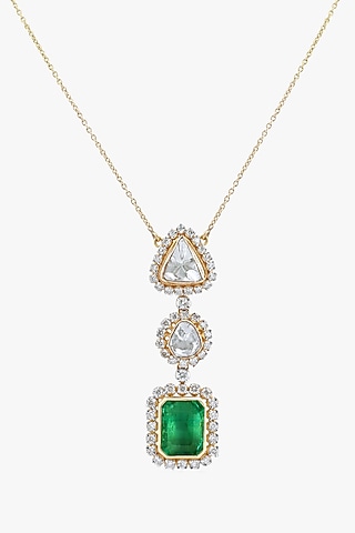 18kt Gold Finish Diamond & Russian Emerald Pendant Chain Necklace by Mohar Fine Jewellery