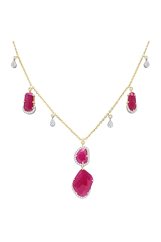 18kt Gold Finish Diamond & Ruby Stone Pendant Necklace by Mohar Fine Jewellery