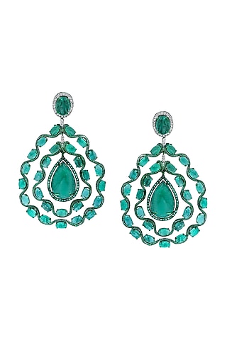 18kt Gold Finish Diamond & Emerald Stone Dangler Earrings by Mohar Fine Jewellery